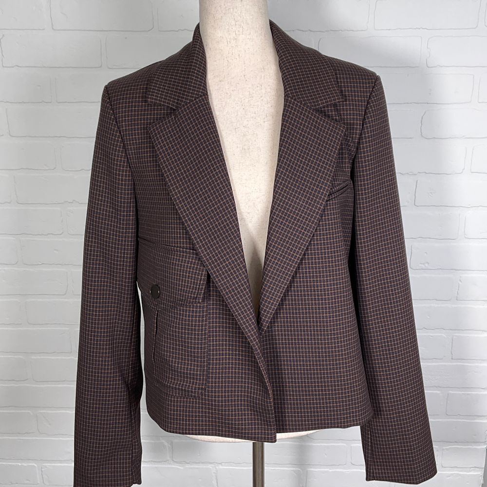 House of Harlow 1960s Jacket Women M Blue Brown‎ Check Crop Blazer Wide Lapels